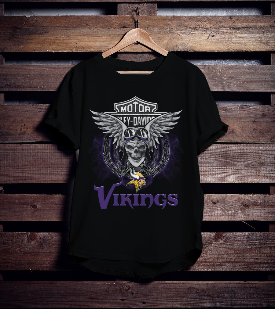 Harley Davidson Motorcycles Vikings Minnesota Nfl Skull Wings Chain Helmet T-Shirt