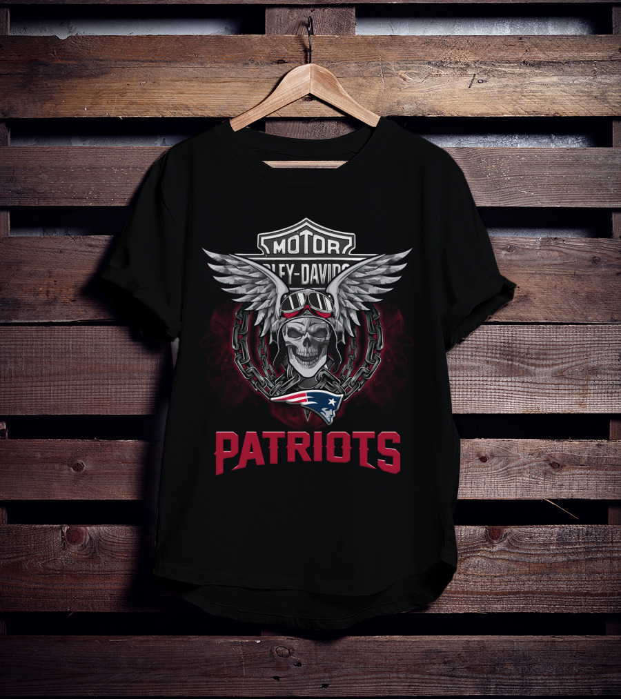 Harley Davidson Motor Skull Wings Chains Goggles Nfl New England Patriots T-Shirt