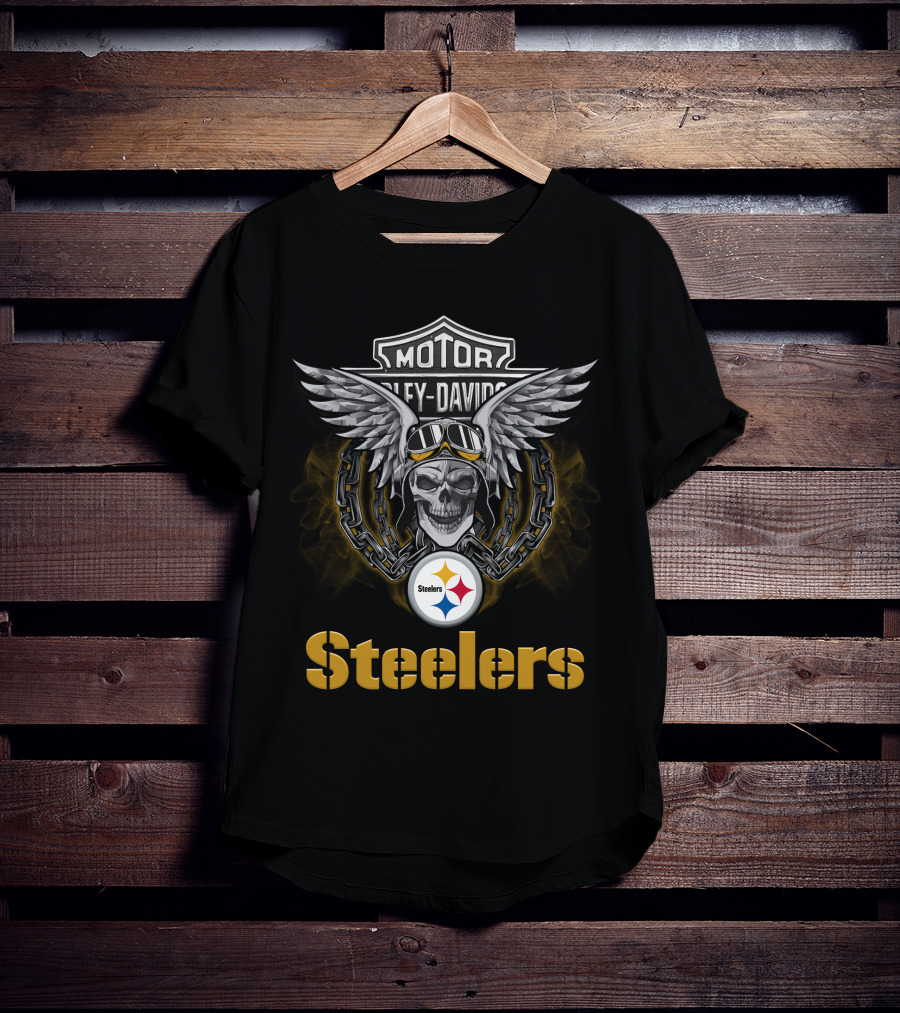 Harley Davidson Motorcycle Biker Skull Wings Steelers Nfl Pittsburgh Steelers T-Shirt