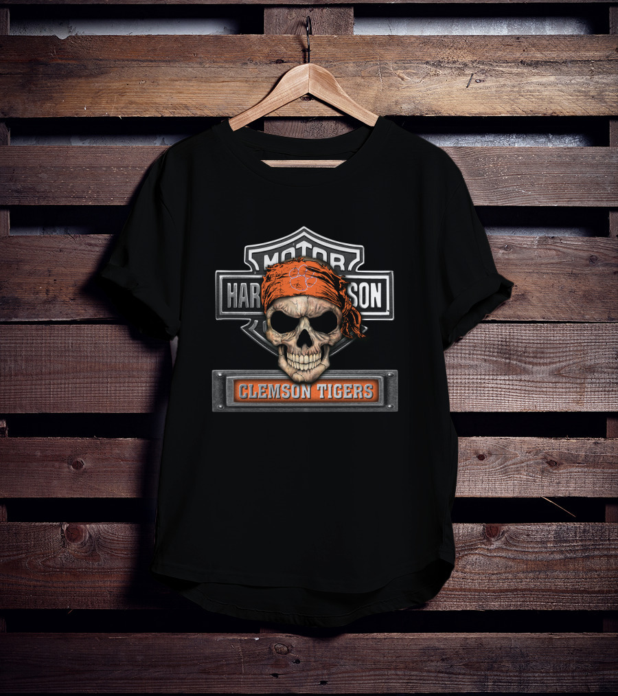 Harley Davidson Skull Bandana Clemson Tigers Motorcycle Biker Ncaa T-Shirt