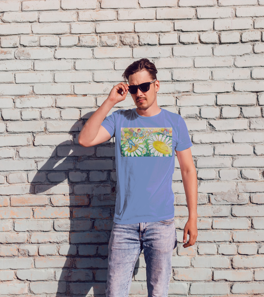 Lodo Happy Sunflower Meadows With Kids And Bunny In A Vibrant Landscape T-Shirt