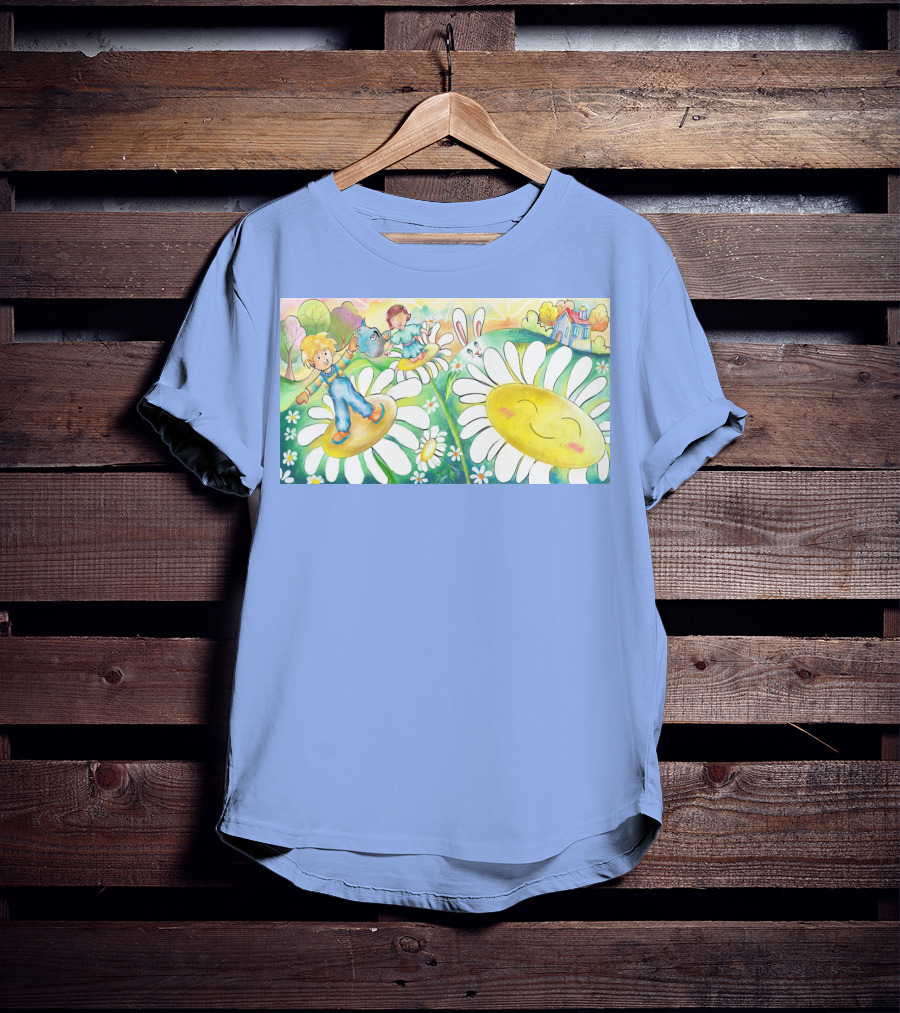 Lodo Happy Sunflower Meadows With Kids And Bunny In A Vibrant Landscape T-Shirt