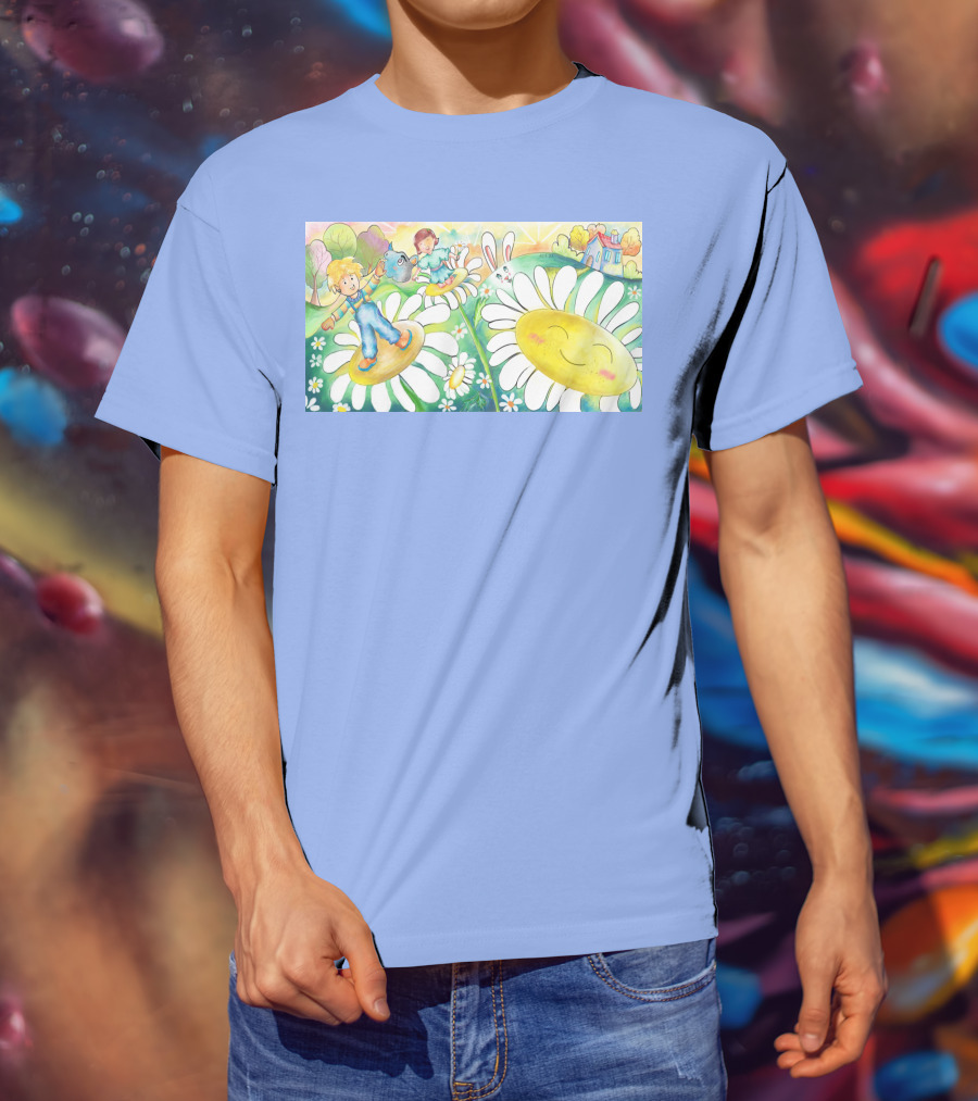 Lodo Happy Sunflower Meadows With Kids And Bunny In A Vibrant Landscape T-Shirt