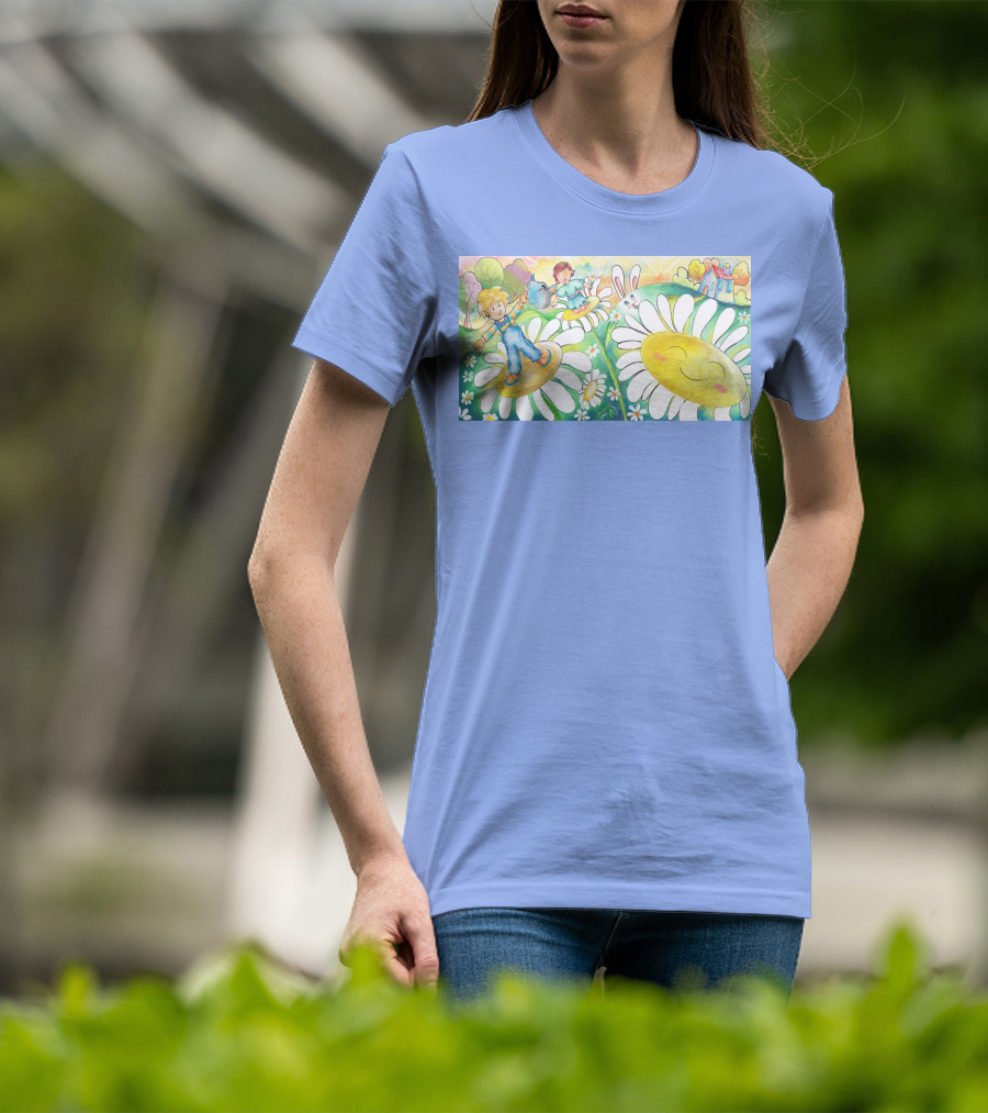 Lodo Happy Sunflower Meadows With Kids And Bunny In A Vibrant Landscape T-Shirt