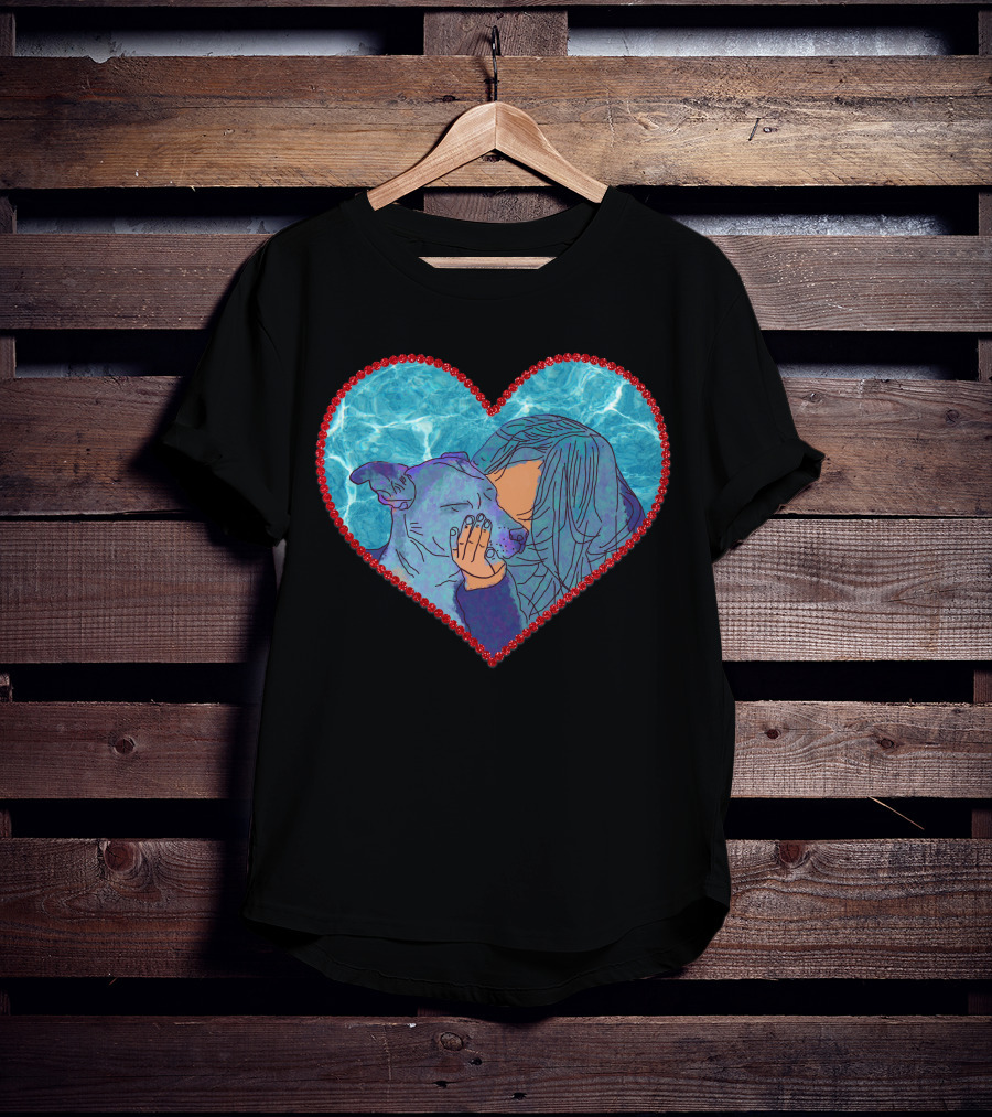 Adopt Don't Shop Heart Embrace Of Woman And Dog In Blue And Red Heart T-Shirt