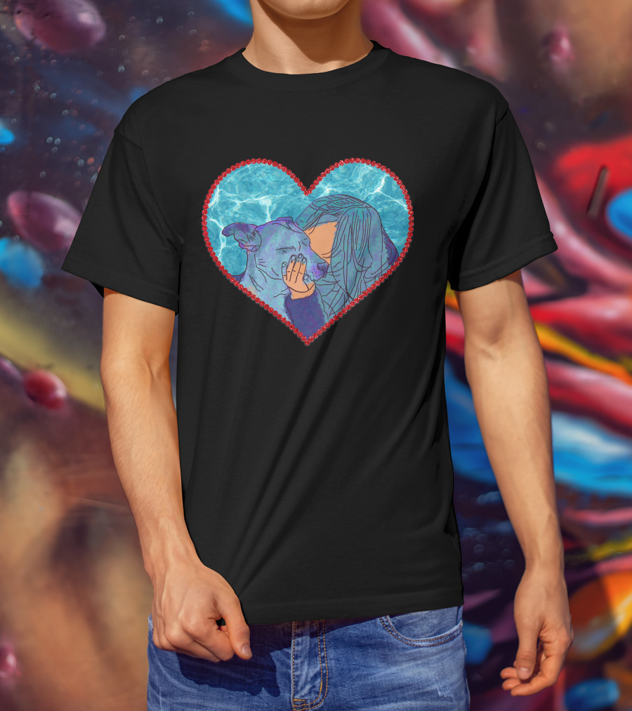 Adopt Don't Shop Heart Embrace Of Woman And Dog In Blue And Red Heart T-Shirt