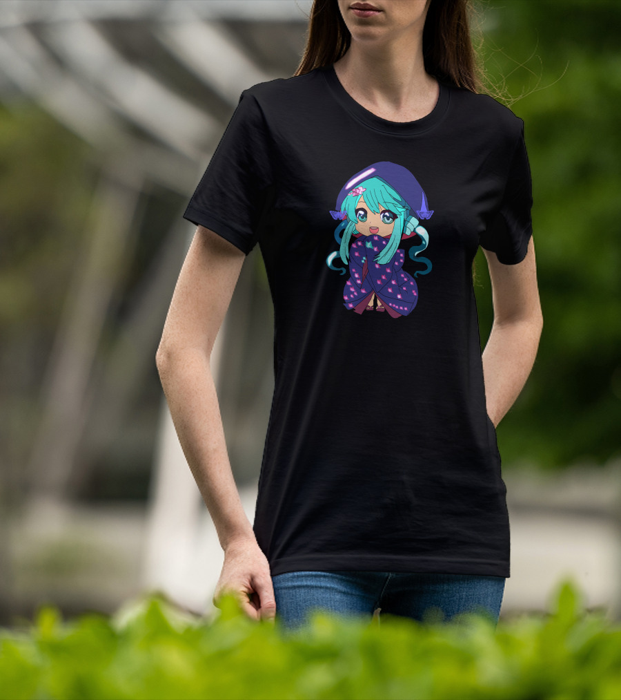 Chibi Girl Wrapped In Star-Patterned Blanket With Blue Hair And Pink Bow T-Shirt