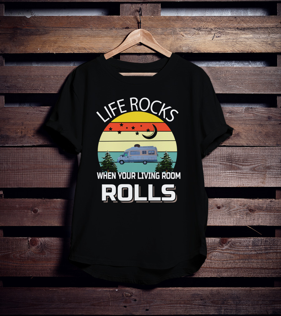 Life Rocks When Your Living Room Rolls Pilote Motorhomes Retro Sunset Campervan Scene T-Shirt