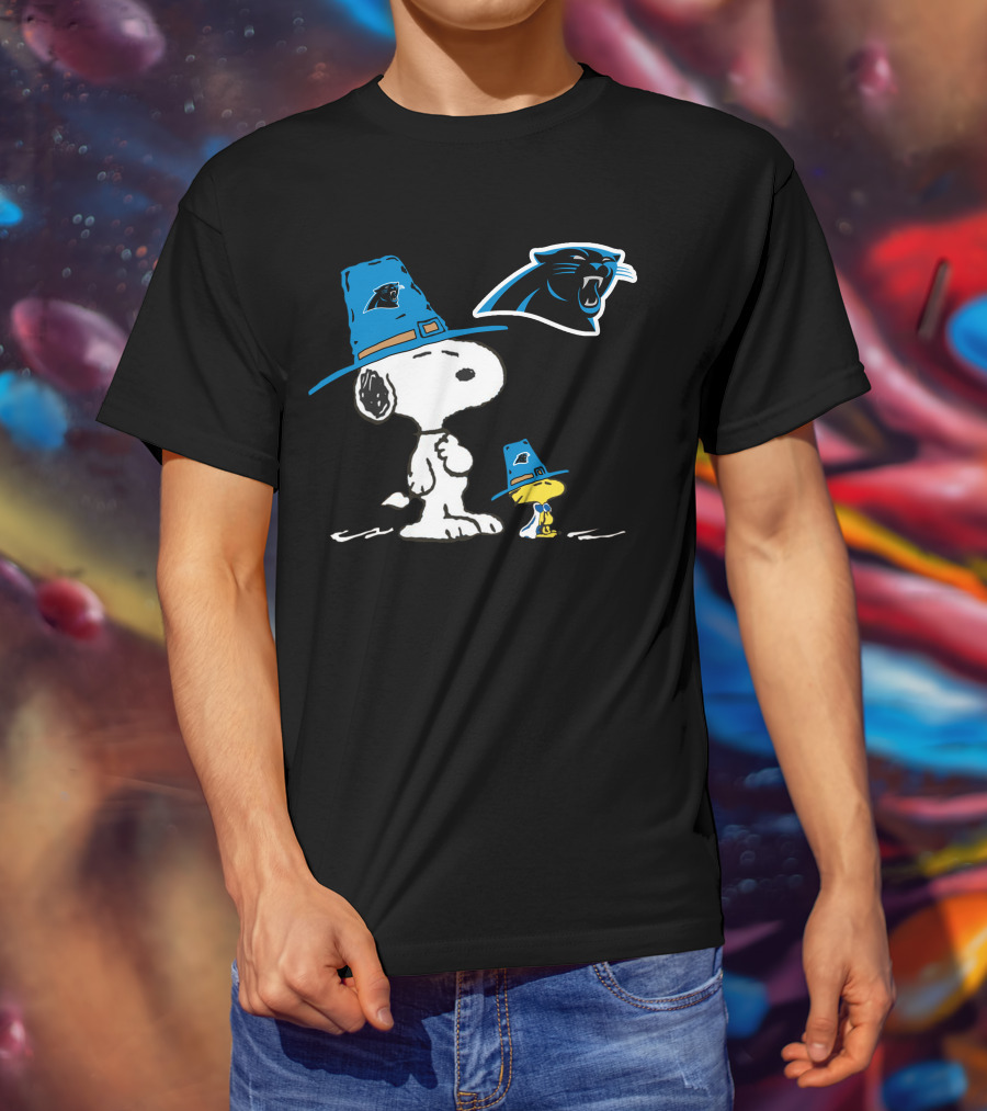 Carolina Panthers Snoopy Thanksgiving Pilgrim Hat Peanuts T-Shirt