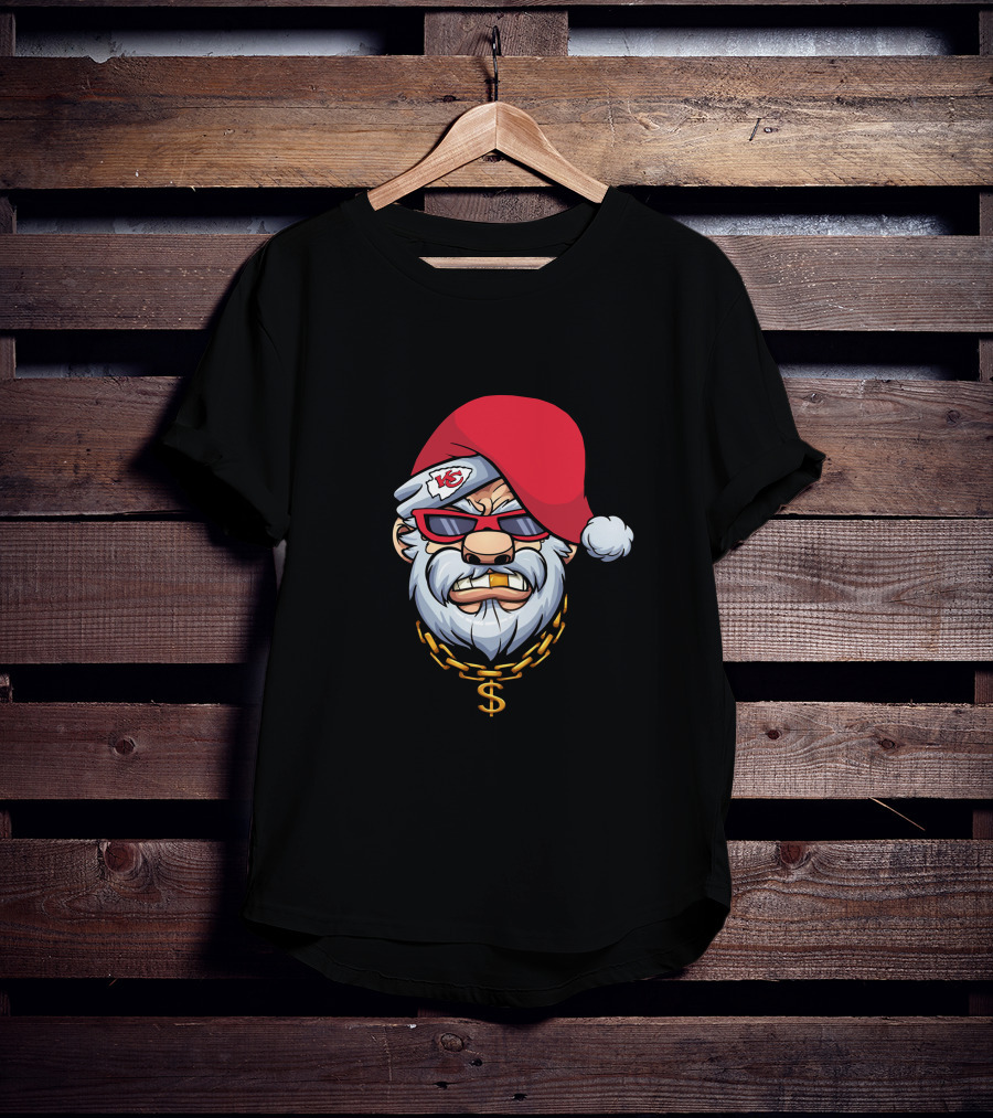 Chiefs Gangster Santa With Chain And Red Hat Sporting Sunglasses And Kansas City T-Shirt