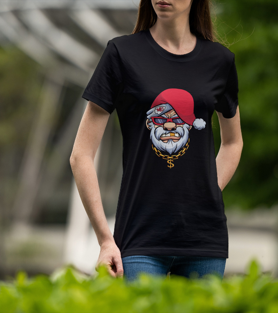 Chiefs Gangster Santa With Chain And Red Hat Sporting Sunglasses And Kansas City T-Shirt