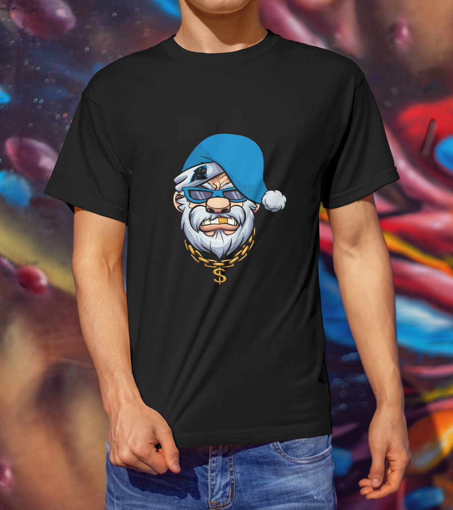 Panthers Gangster Santa With Blue Hat And Gold Chain T-Shirt