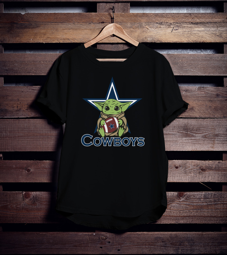 Cowboys Baby Yoda Holding Football Star Wars Mandalorian Dallas Star T-Shirt