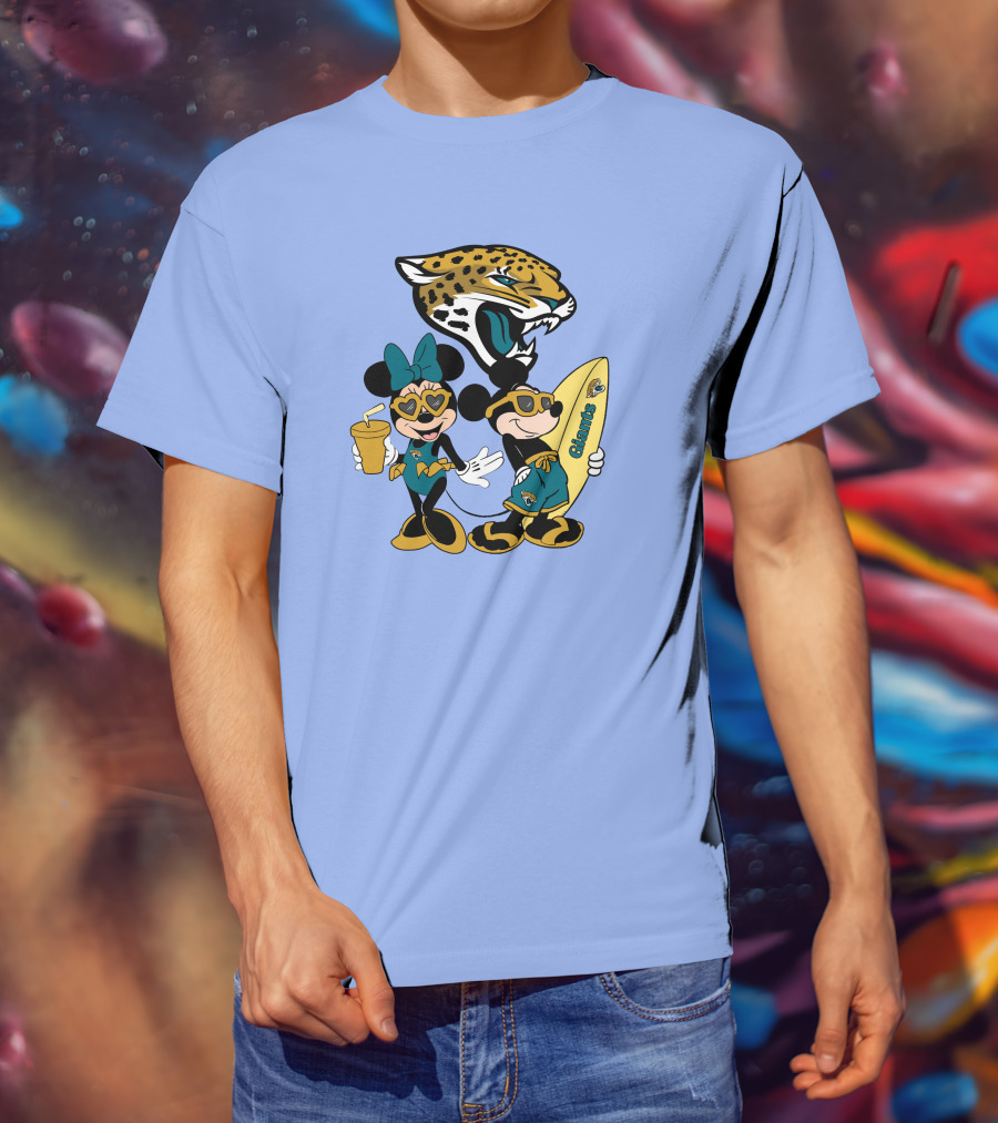 Jaguars Mickey And Minnie Happy Vacation With Surfboard And Drink T-Shirt