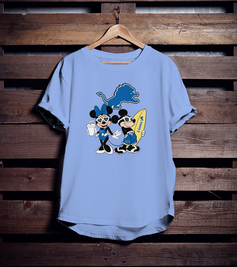 Lions Mickey And Minnie Happy Vacation With Surfboard And Drink T-Shirt
