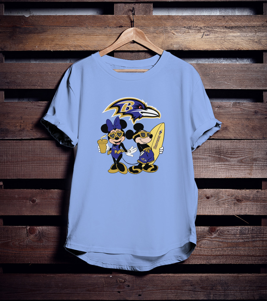 Ravens Mickey Minnie Vacation Surfing Football Fan Celebration T-Shirt