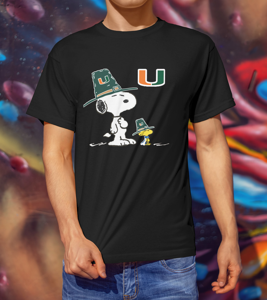 Miami Hurricanes Snoopy Woodstock Pilgrim Hats University T-Shirt