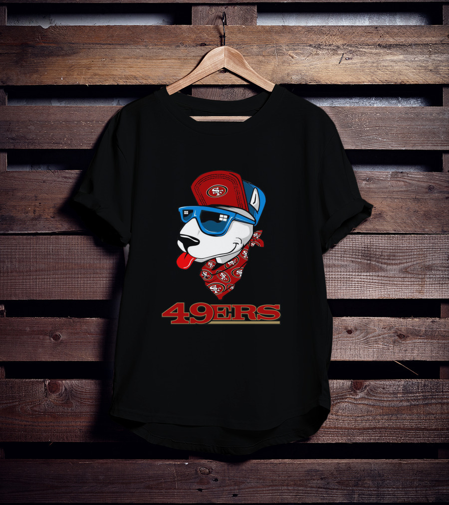 49ers Bull Terrier San Francisco Style Dog Wearing Logo Hat And Sunglasses T-Shirt