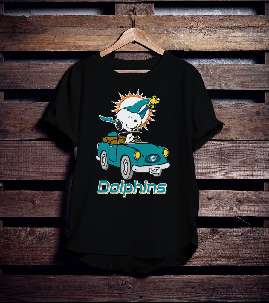 Miami Dolphins Snoopy Driving Car With Woodstock T-Shirt