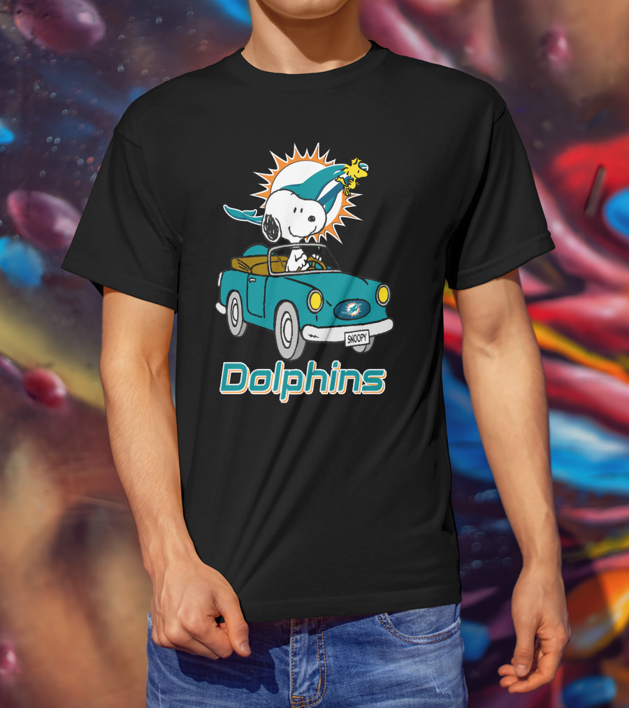 Miami Dolphins Snoopy Driving Car With Woodstock T-Shirt
