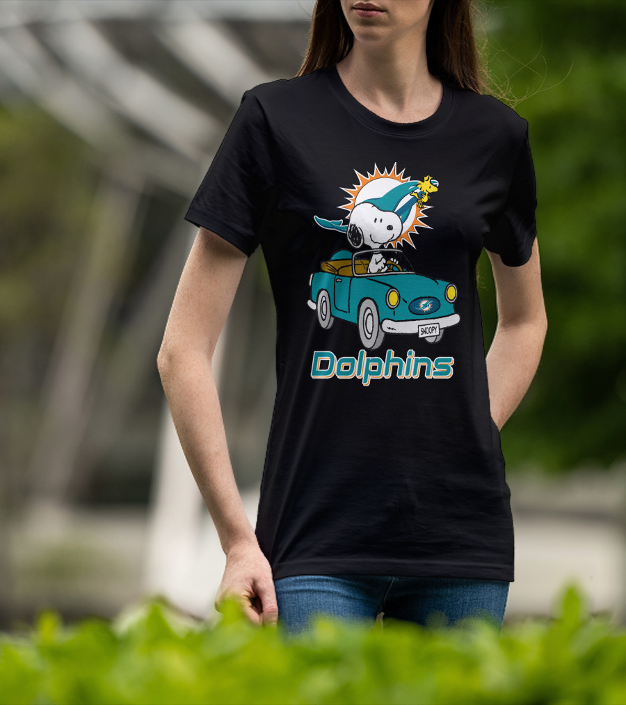 Miami Dolphins Snoopy Driving Car With Woodstock T-Shirt