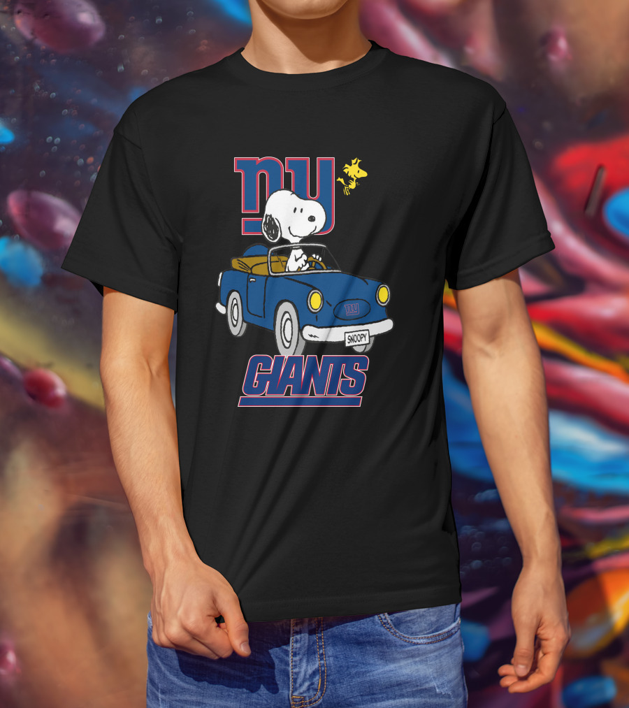 NY Giants Snoopy And Woodstock In Blue Car Ride T-Shirt