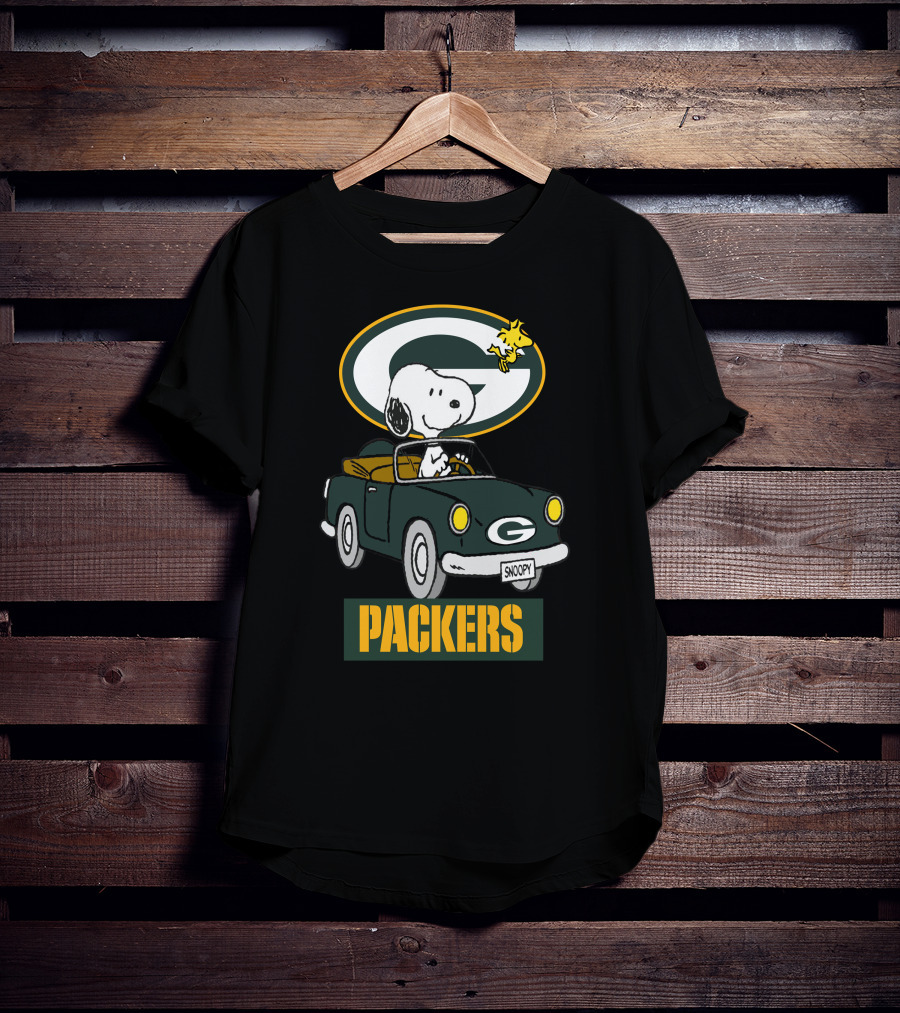 Packers Snoopy Driving Car With Woodstock And Packers T-Shirt