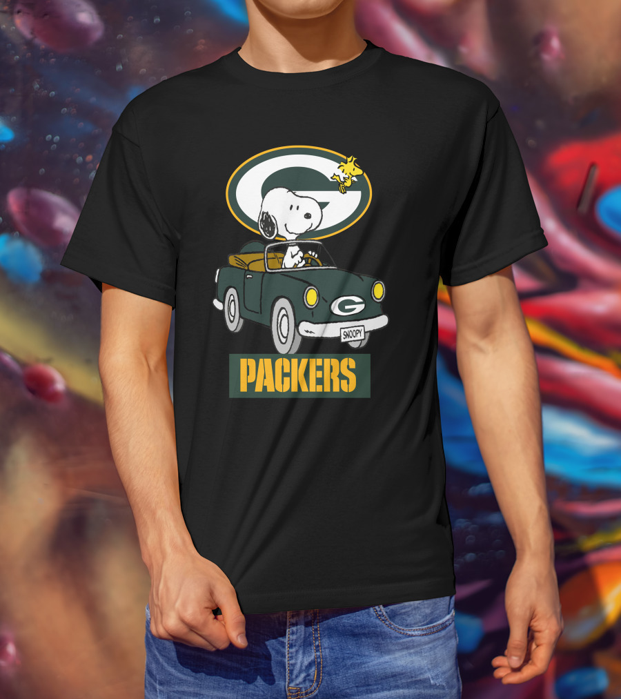 Packers Snoopy Driving Car With Woodstock And Packers T-Shirt