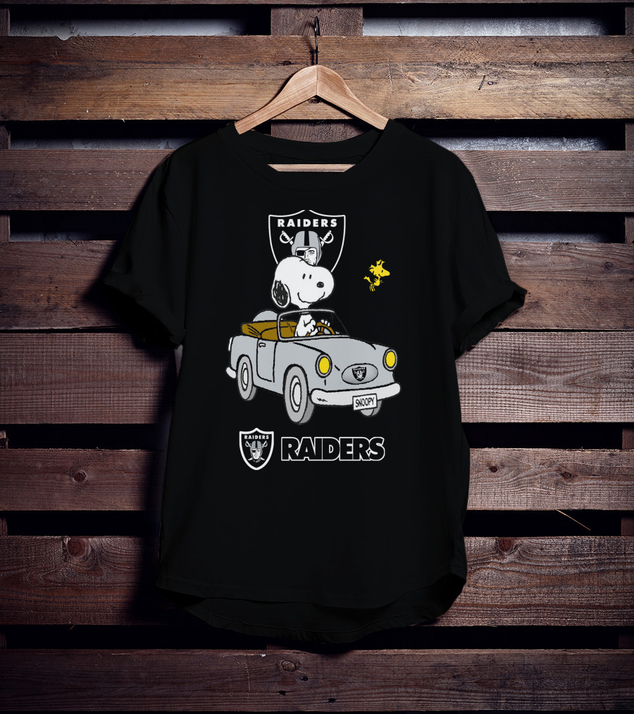 Raiders Snoopy Driving Cartoon With Woodstock And NFL T-Shirt