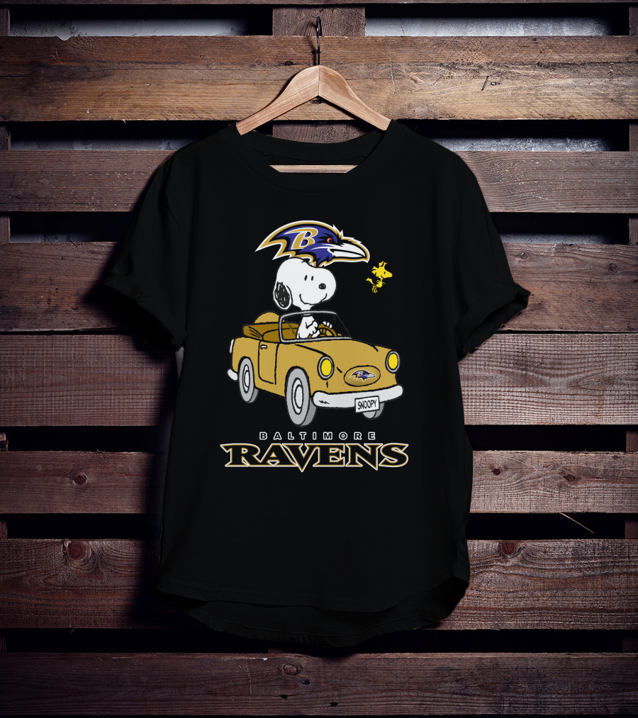 Baltimore Ravens Snoopy Driving Car With Woodstock T-Shirt