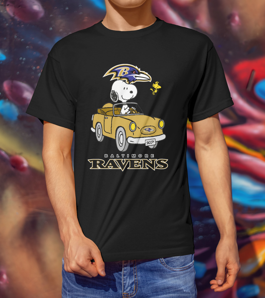 Baltimore Ravens Snoopy Driving Car With Woodstock T-Shirt