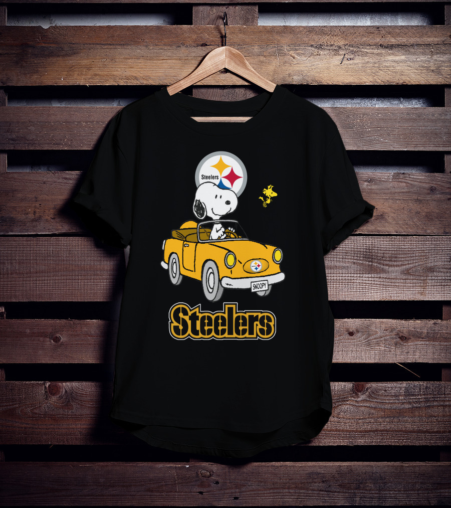 Steelers Snoopy Driving With Woodstock In Yellow Car T-Shirt