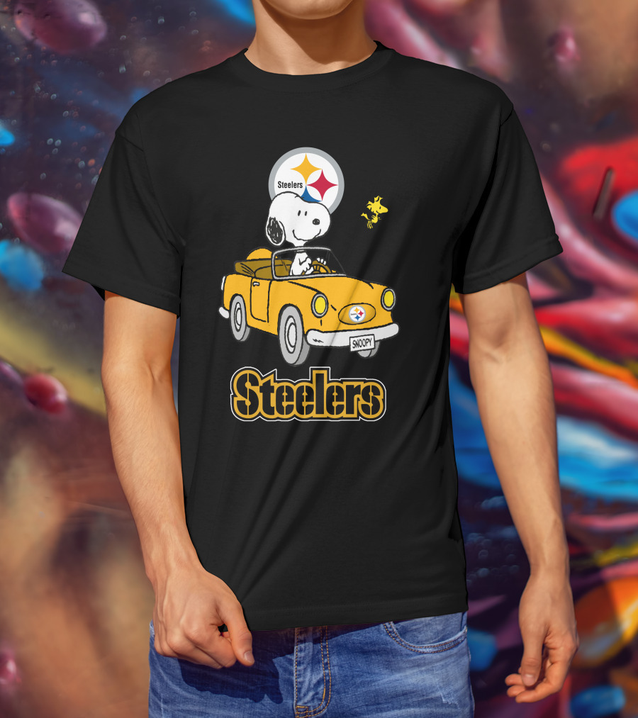 Steelers Snoopy Driving With Woodstock In Yellow Car T-Shirt