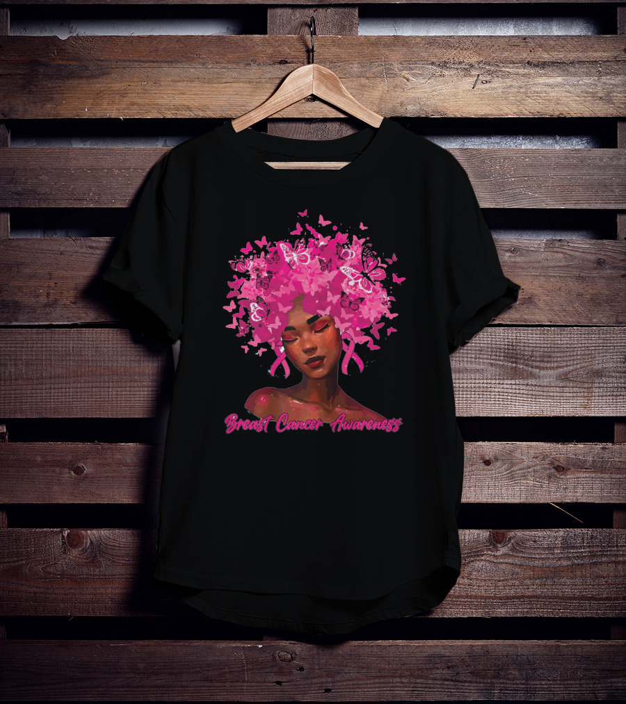 Black Queen Breast Cancer Awareness Month Butterflies Pink T-Shirt