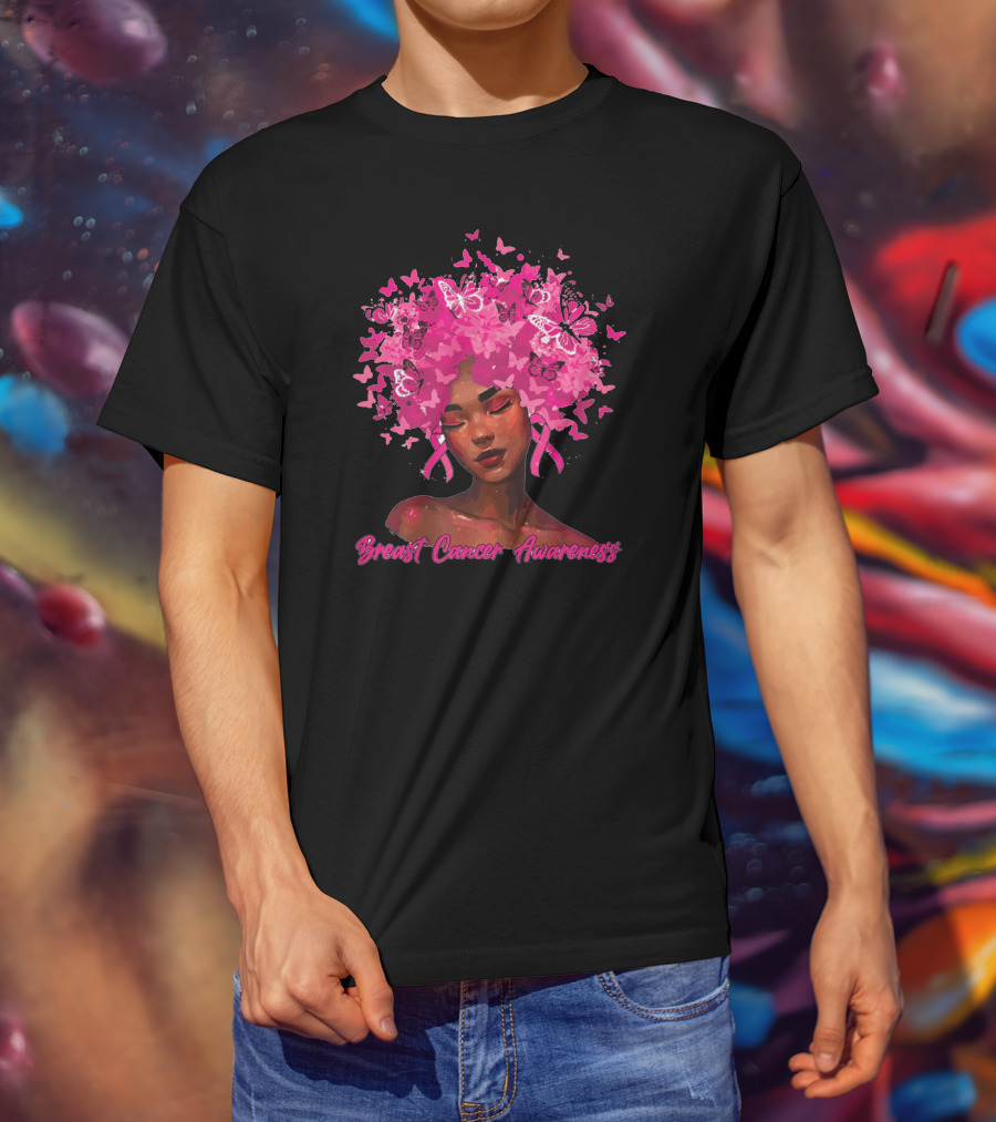 Black Queen Breast Cancer Awareness Month Butterflies Pink T-Shirt