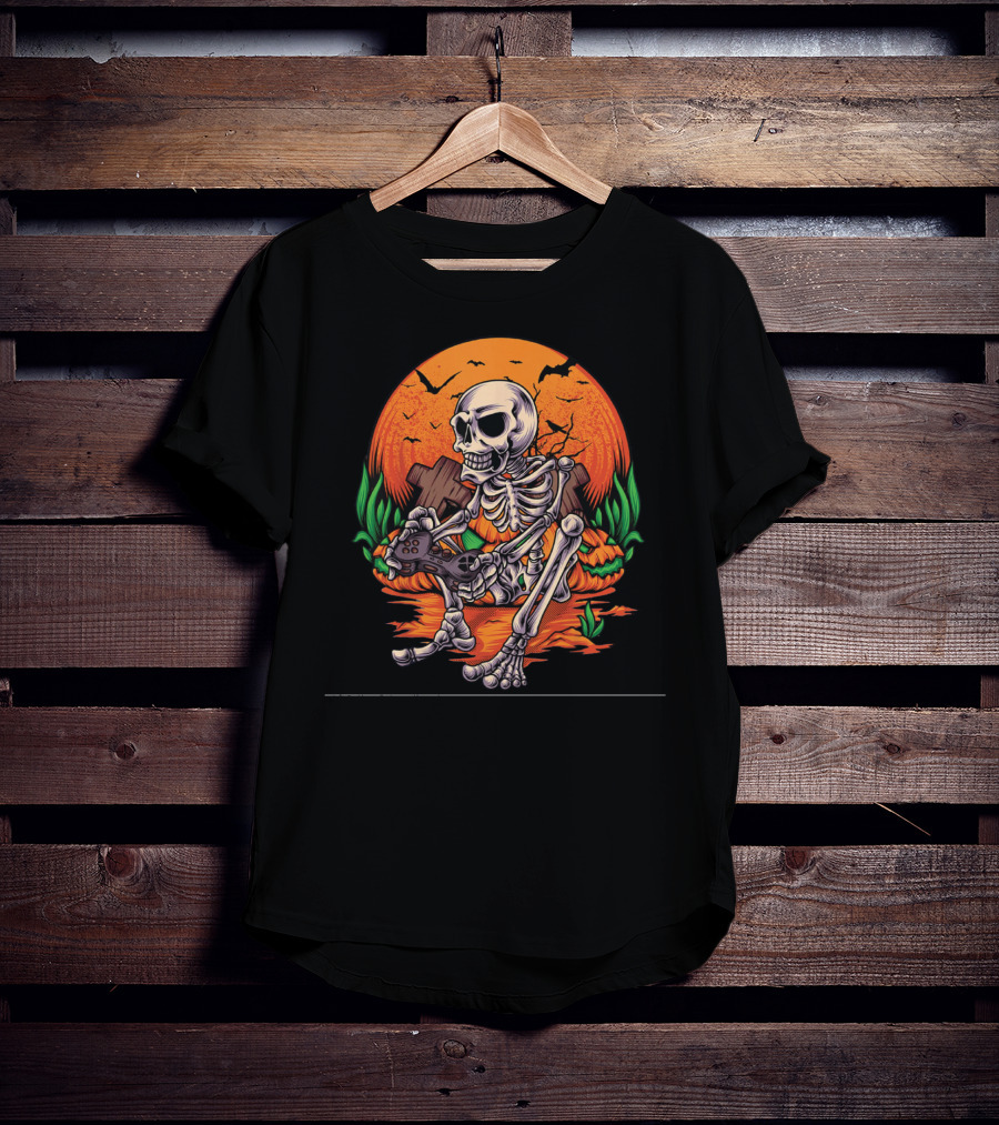 Skeleton Gamer Halloween Pumpkin Bat Gaming Controller Scene T-Shirt