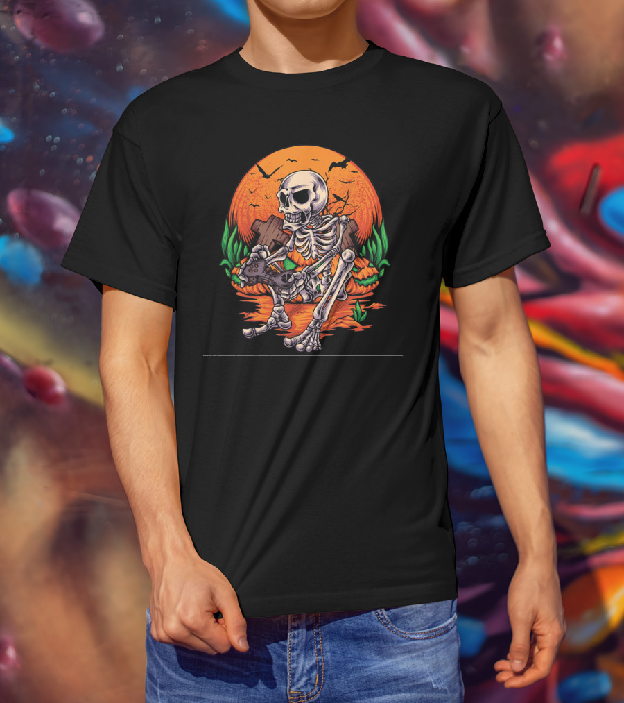 Skeleton Gamer Halloween Pumpkin Bat Gaming Controller Scene T-Shirt