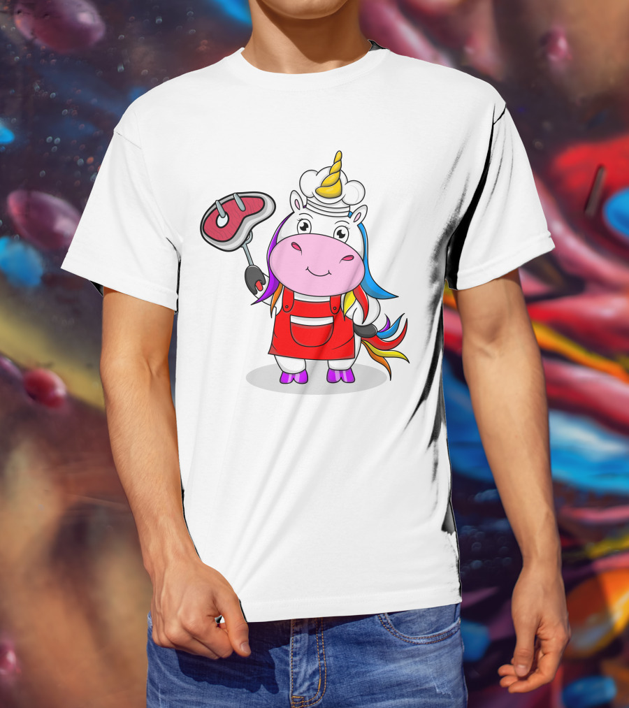 Barbecue Unicorn Chef With Rainbow Mane And Grilled Steak T-Shirt
