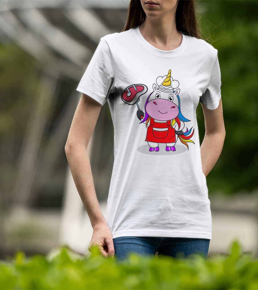Barbecue Unicorn Chef With Rainbow Mane And Grilled Steak T-Shirt