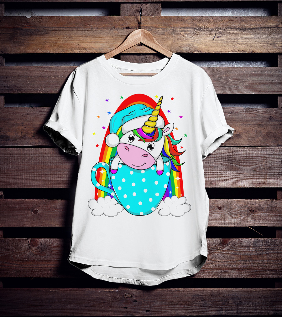 Christmas Unicorn In Cup Rainbow Santa Hat Stars T-Shirt