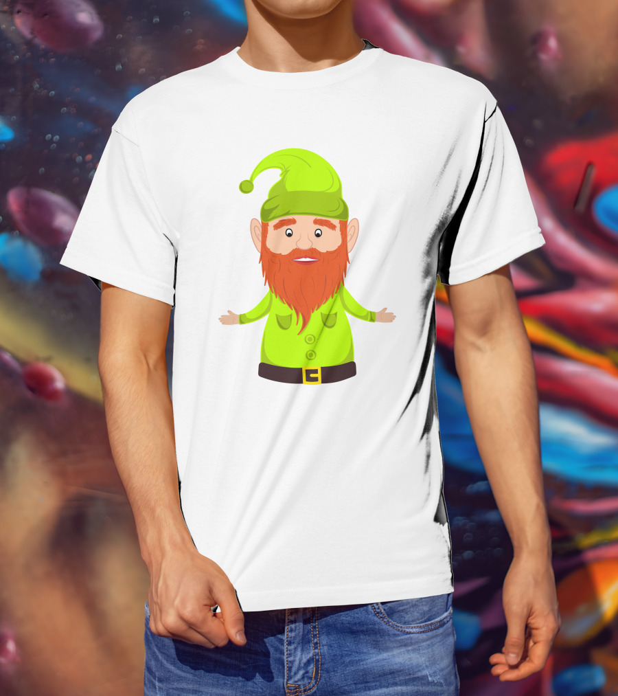 Gnome ELF Christmas Bright Green Hat Brown Belt Red Beard T-Shirt