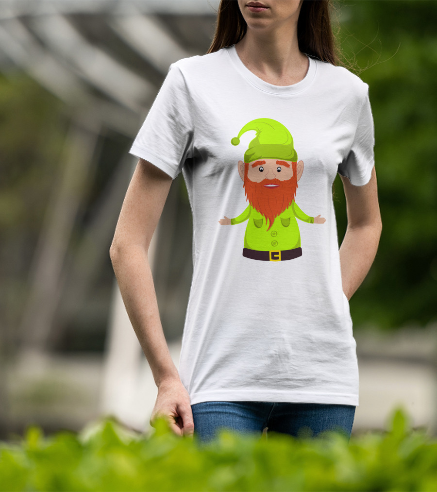 Gnome ELF Christmas Bright Green Hat Brown Belt Red Beard T-Shirt