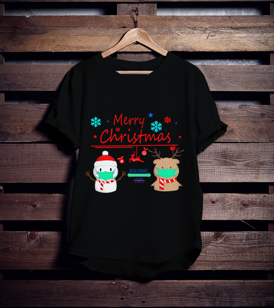 Merry Christmas Social Distance Snowman And Reindeer With Masks T-Shirt