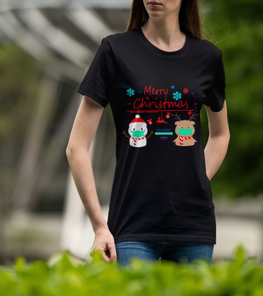 Merry Christmas Social Distance Snowman And Reindeer With Masks T-Shirt