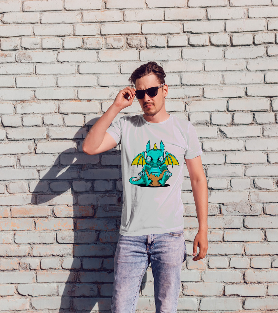 Cool Baby Dragon With Horns Sitting On Eggshell T-Shirt