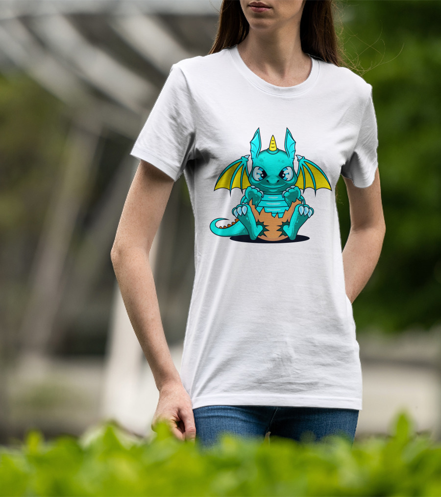 Cool Baby Dragon With Horns Sitting On Eggshell T-Shirt