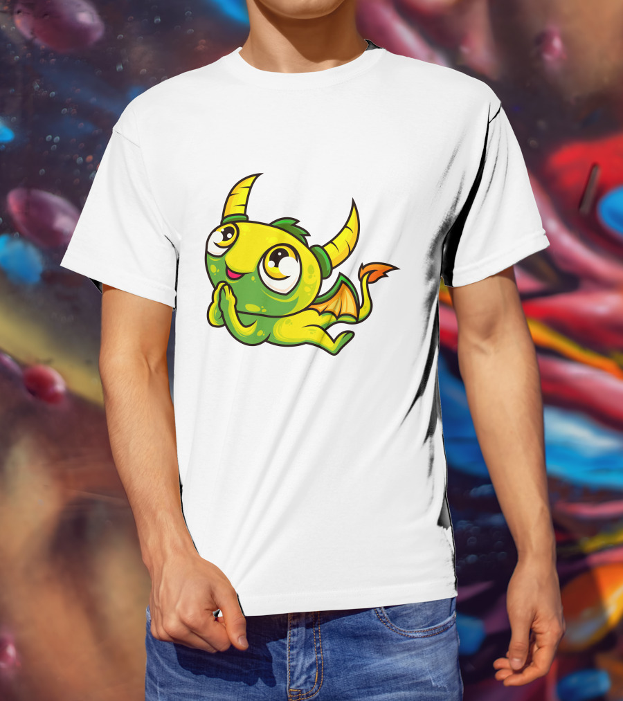 Cute Dragon Wishing Adorable Green And Yellow Horned Fantasy Character T-Shirt