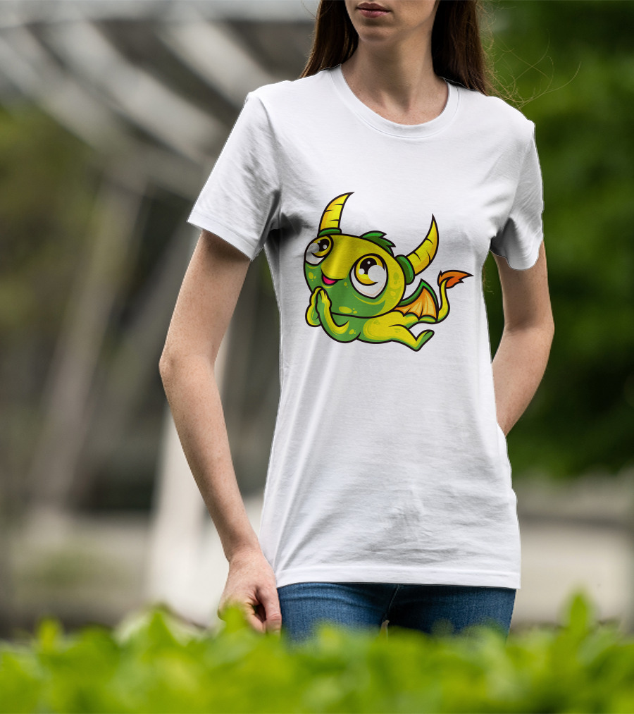 Cute Dragon Wishing Adorable Green And Yellow Horned Fantasy Character T-Shirt