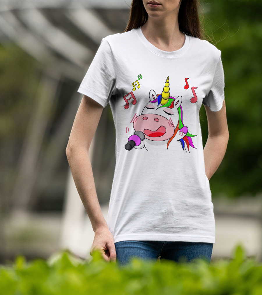 Unicorn Singing With Colorful Microphone And Musical Notes T-Shirt