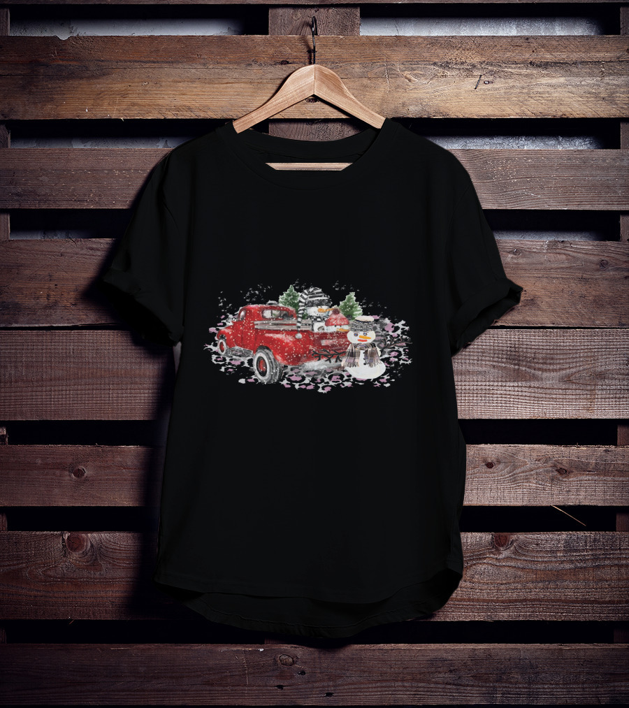 Christmas Snowman Truck Red Watercolor Snow Scene T-Shirt